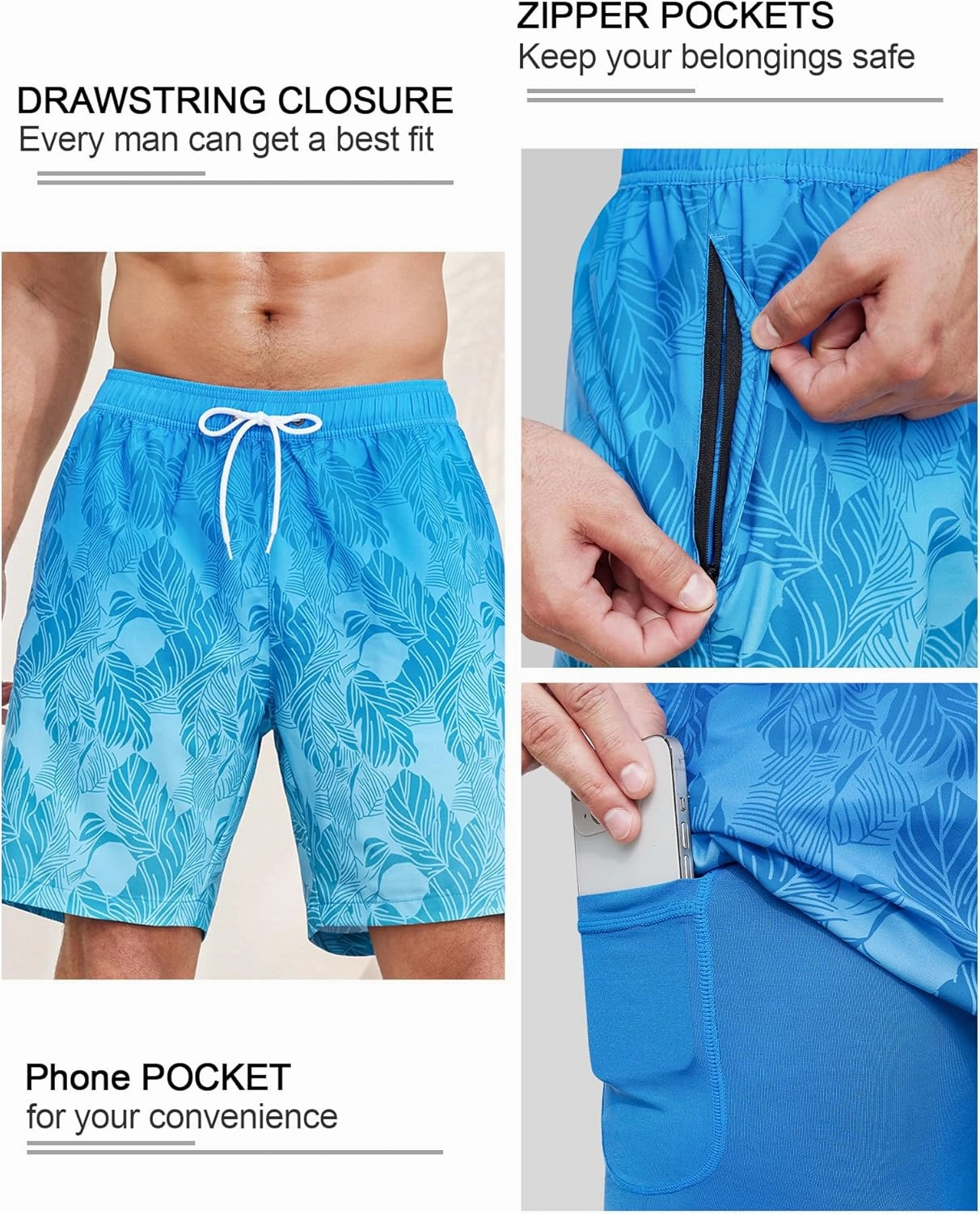 SILKWORLD Mens Swim Trunks Quick Dry Swimming Shorts with Compression Liner and Zipper Pockets