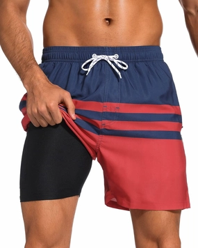 SILKWORLD Mens Swim Trunks with Compression Liner 2 in 1 Quick Dry Bathing Suit Beach Shorts with Zipper Pockets