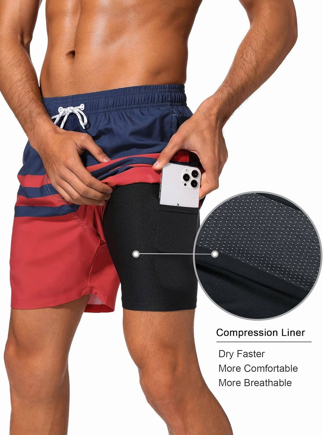 SILKWORLD Mens Swim Trunks with Compression Liner 2 in 1 Quick Dry Bathing Suit Beach Shorts with Zipper Pockets