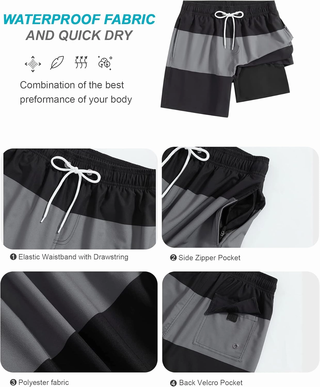 SILKWORLD Mens Swimming Trunks with Compression Liner 2 in 1 Quick-Dry Swim Shorts with Zipper Pockets