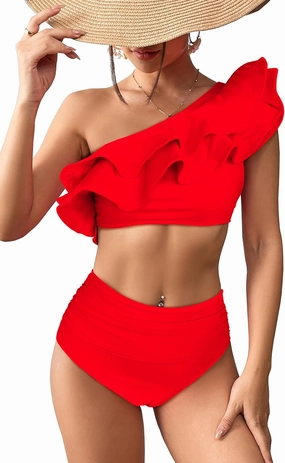 SPORLIKE Women High Waisted Swimsuit Flounce One Shoulder Bikini Padded Bathing Suit