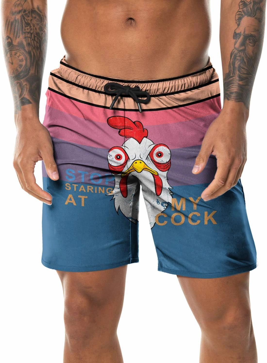 Stop Looking at My Cock Men's Swim Trunks, Funny Quick Dry Beach Board Shorts with Mesh Lining and Pockets