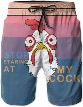 Stop Looking at My Cock Men's Swim Trunks, Funny Quick Dry Beach Board Shorts with Mesh Lining and Pockets