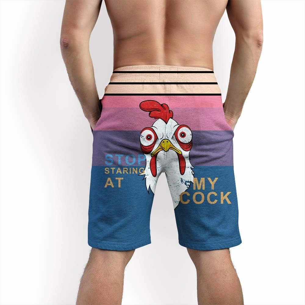 Stop Looking at My Cock Men's Swim Trunks, Funny Quick Dry Beach Board Shorts with Mesh Lining and Pockets