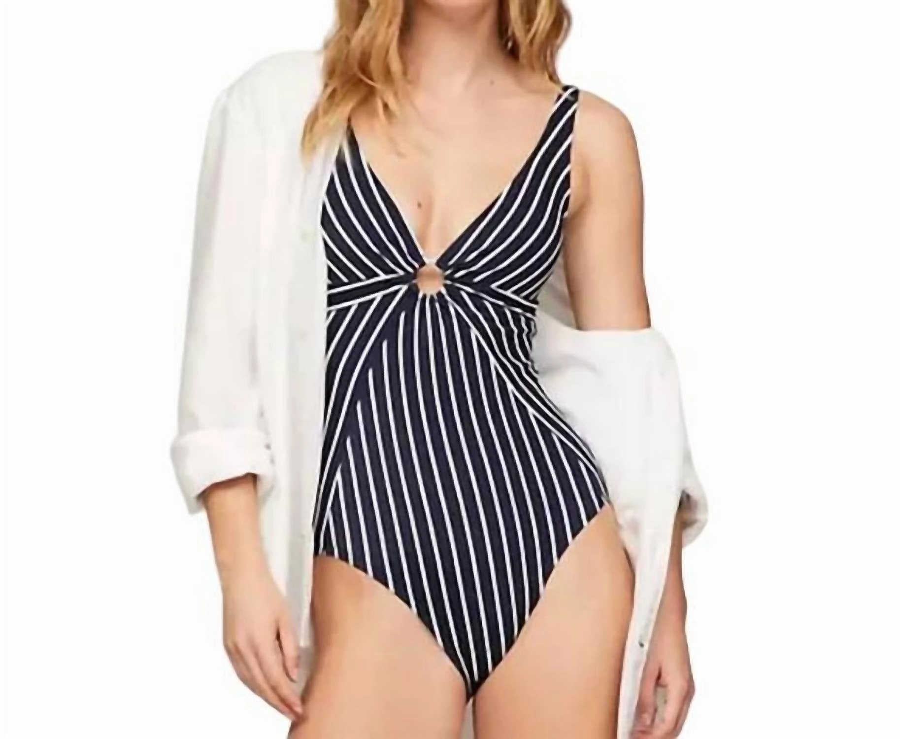 Stripe Ring One-Piece Swimsuit In Navy And White