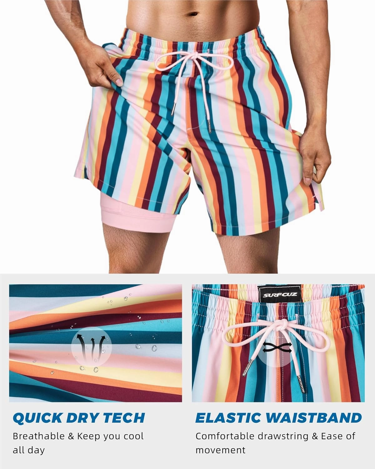 SURF CUZ Mens Swim Trunks with Compression Liner Swim Shorts 7" Swimming Trunks Stretch 7 Inch Swim Suits Quick Dry