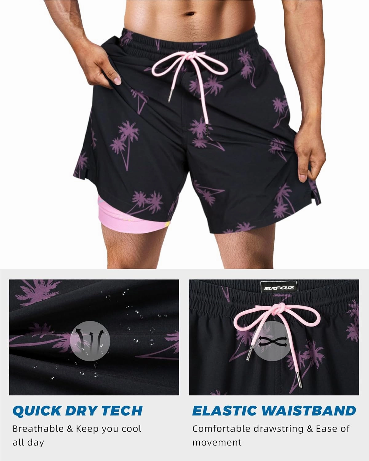 SURF CUZ Mens Swim Trunks with Compression Liner Swim Shorts 7" Swimming Trunks Stretch 7 Inch Swim Suits Quick Dry