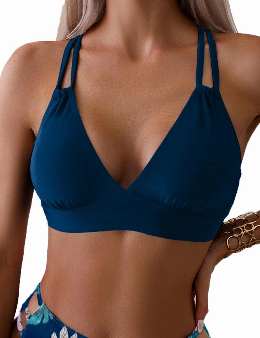 Tainehs Women's Push Up V Neck Bikini Tops Criss Cross Back Padded Bathing Suit Top Only