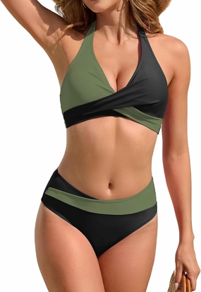 TASHEHE Women's Bikini Set High Waisted Twist Swimsuit Colorblock Halter Two Piece Bathing Suit