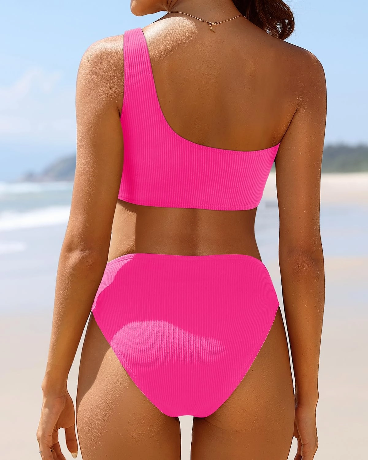 Tempt Me Women Two Piece Swimsuits Ribbed One Shoulder Bikini Sets Mid Waist Bathing Suit