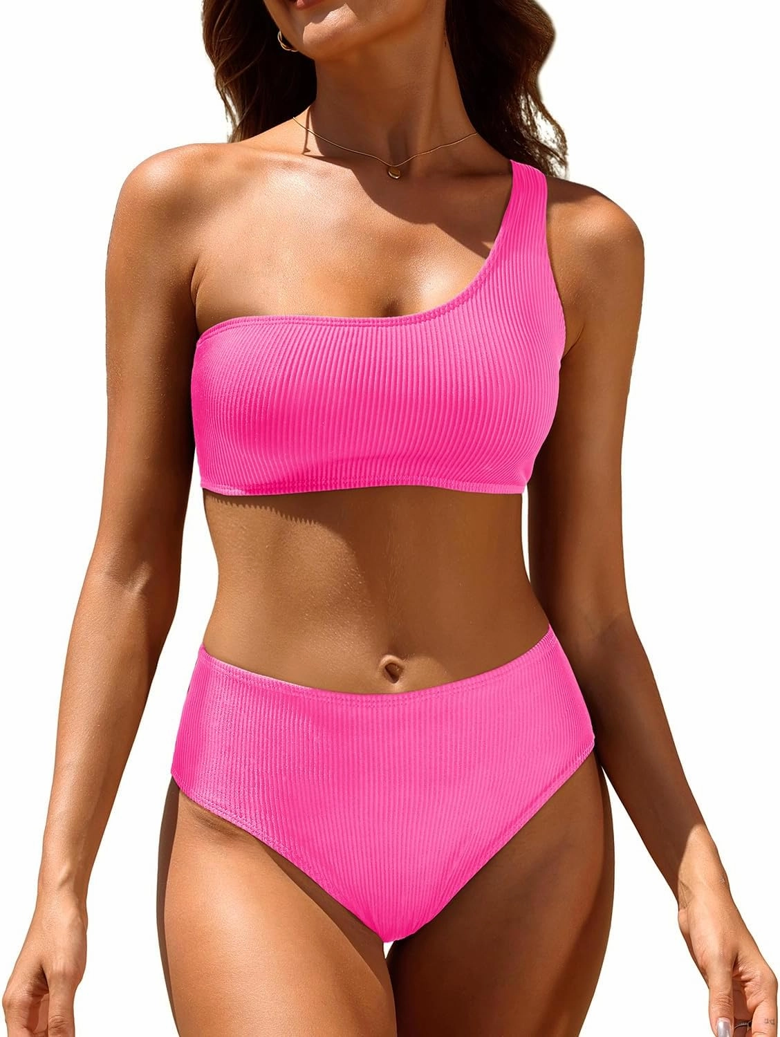 Tempt Me Women Two Piece Swimsuits Ribbed One Shoulder Bikini Sets Mid Waist Bathing Suit