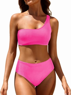 Tempt Me Women Two Piece Swimsuits Ribbed One Shoulder Bikini Sets Mid Waist Bathing Suit