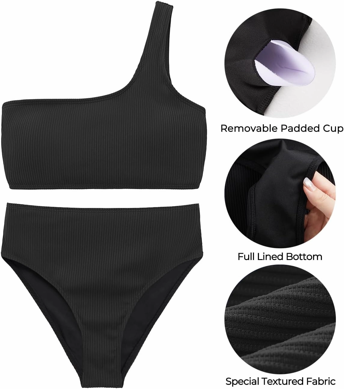 Tempt Me Women Two Piece Swimsuits Ribbed One Shoulder Bikini Sets Mid Waist Bathing Suit