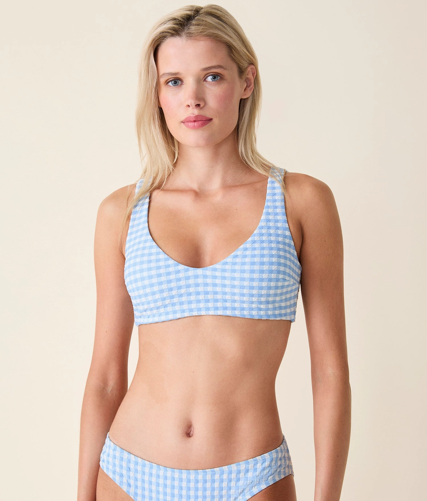 The Delray Bikini Top - Crinkle Gingham - Sky Gingham