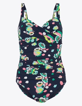Tummy Control Floral Wrap Plunge Swimsuit