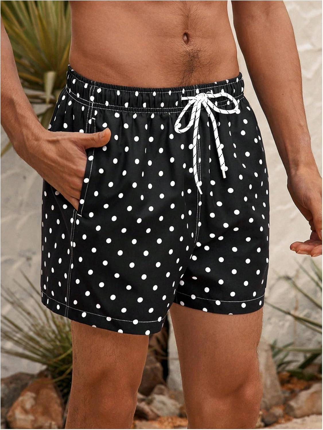 Verdusa Men's Polka Dots Swim Trunks Drawstring Waist Beach Shorts with Pockets
