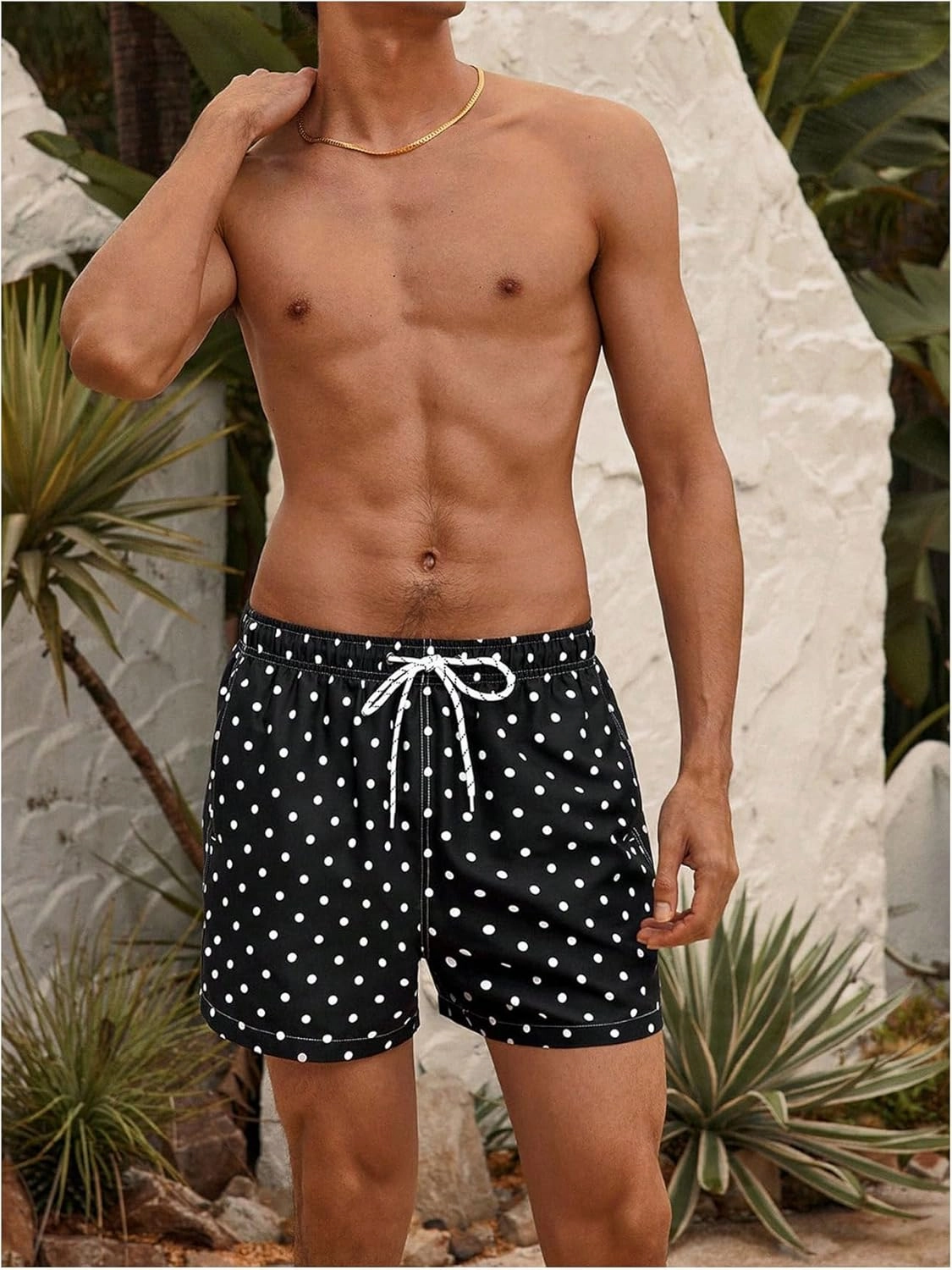 Verdusa Men's Polka Dots Swim Trunks Drawstring Waist Beach Shorts with Pockets