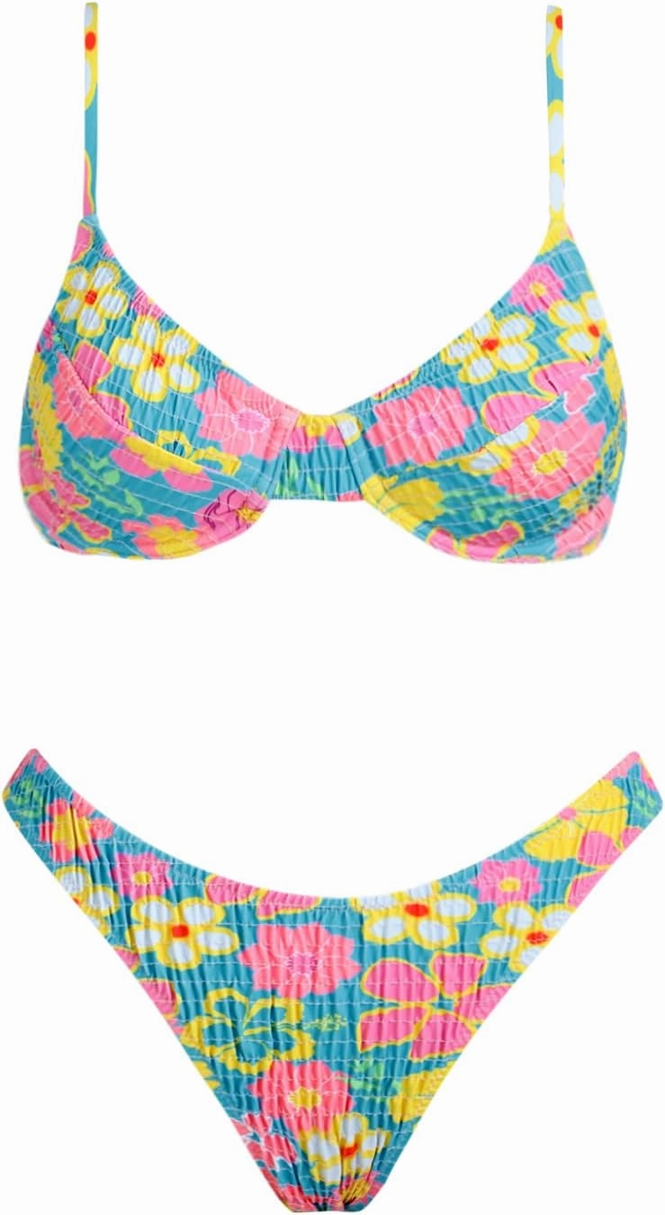 VOLAFA Women's Triangle Bikini Set Textured Frilled Smocked Ruched Push Up Swimsuit Two Piece Bathing Suit