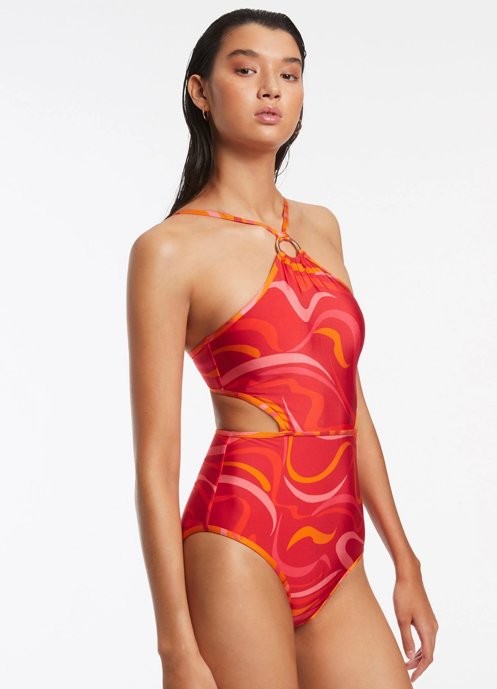Vortici High Neck Trim One Piece - Cherry