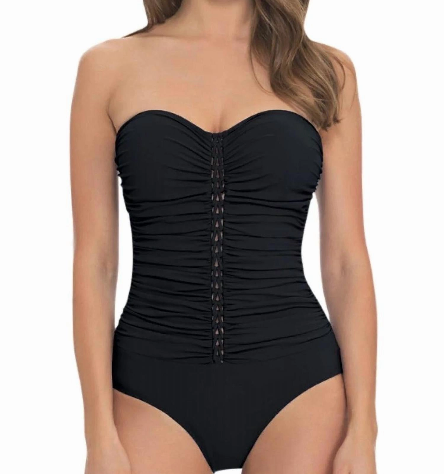 Waterfall Shirred Bandeau One Piece Swimsuit In Black