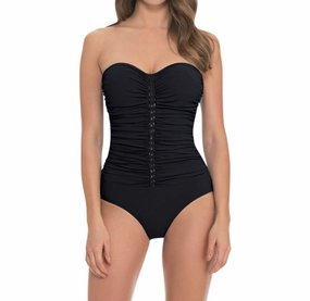Waterfall Shirred Bandeau One Piece Swimsuit In Black