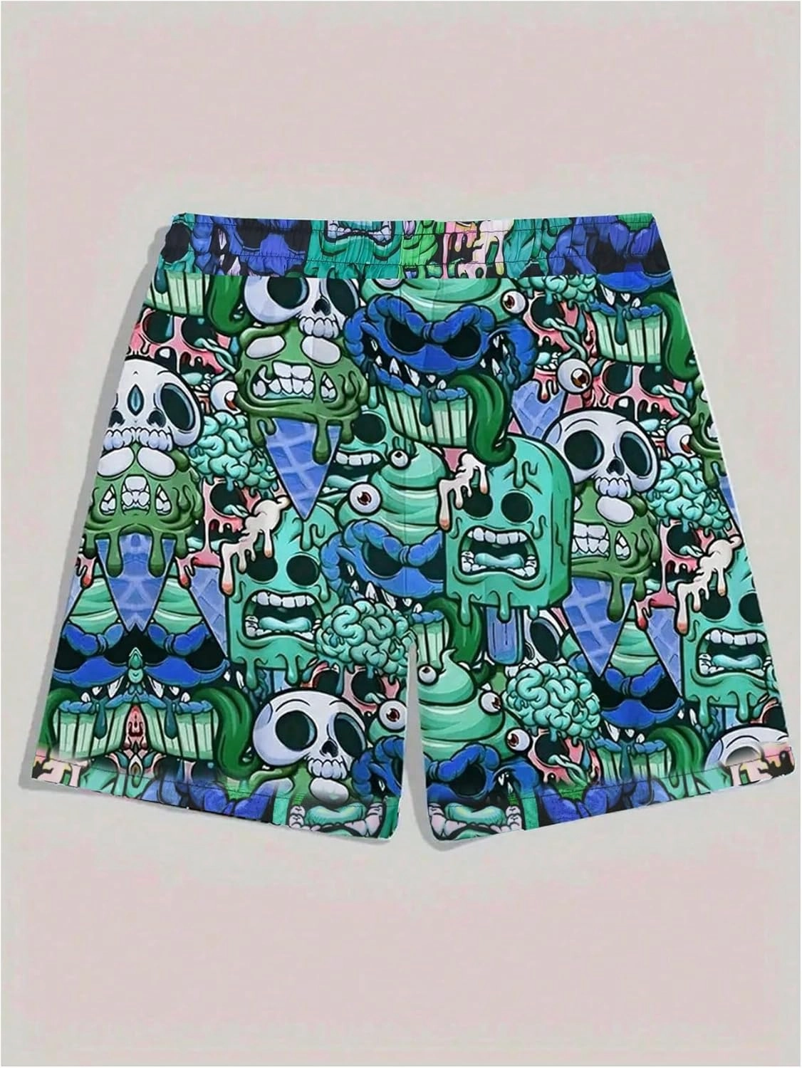 WDIRARA Men's Cartoon Skull Print Swim Trunks Drawstring Elastic Waist Beach Shorts