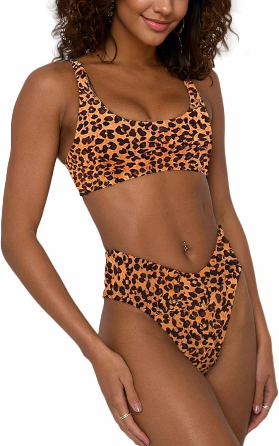Women's High Waisted Bathing Suit Cute Scoop Neck Sporty Crop Top Push Up Bikini Sets Cheeky V Cut Leg Rise Bottom