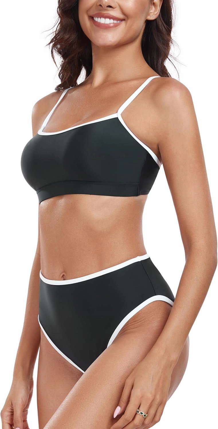 Women's High Waisted Bikini Sets Color Block Swimsuits Scoop Neck Two Piece Bathing Suits