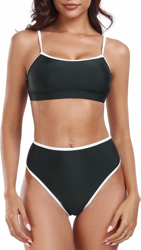 Women's High Waisted Bikini Sets Color Block Swimsuits Scoop Neck Two Piece Bathing Suits