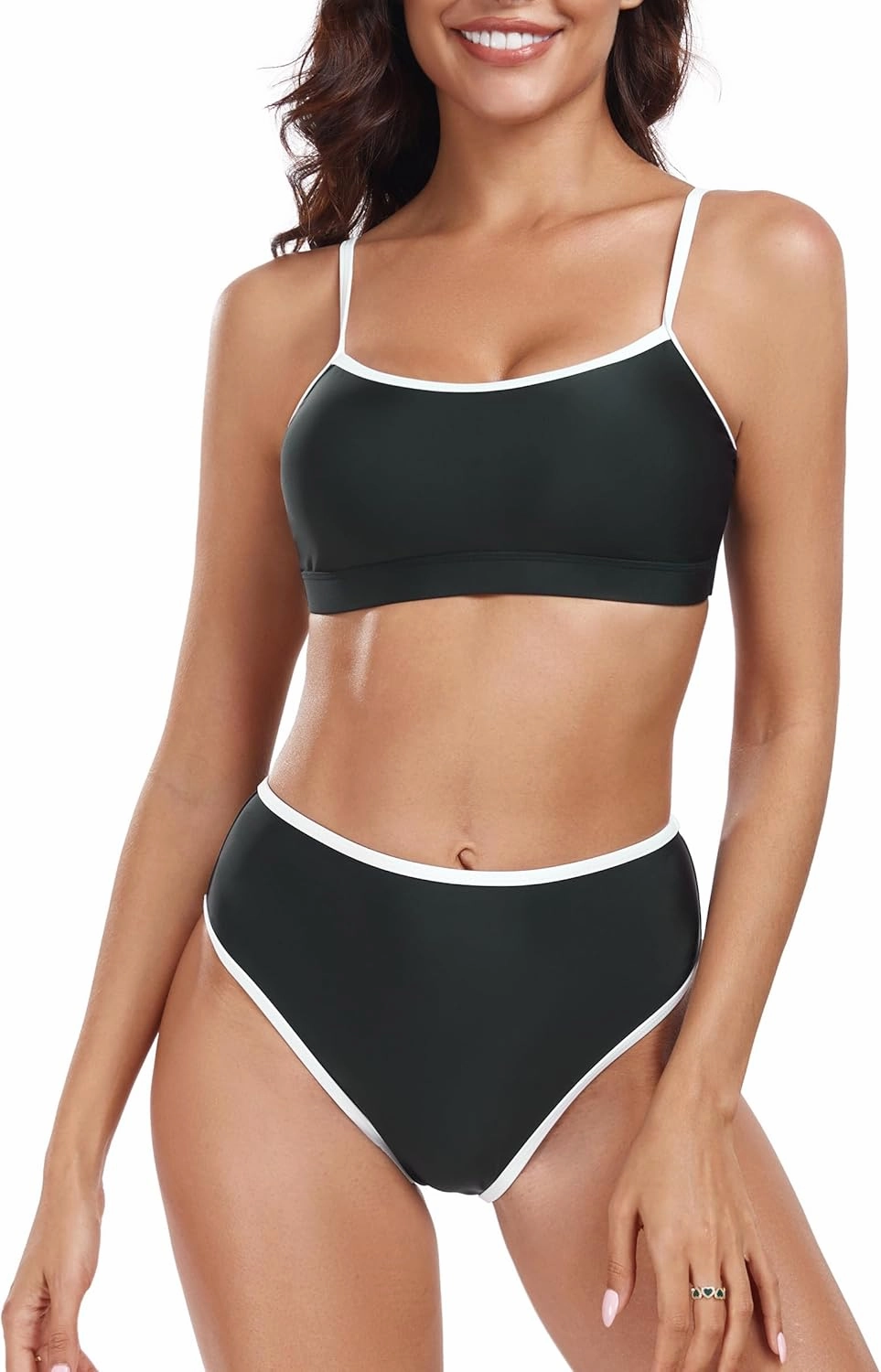 Women's High Waisted Bikini Sets Color Block Swimsuits Scoop Neck Two Piece Bathing Suits