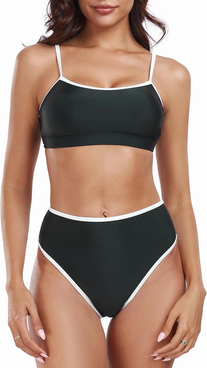 Women's High Waisted Bikini Sets Color Block Swimsuits Scoop Neck Two Piece Bathing Suits