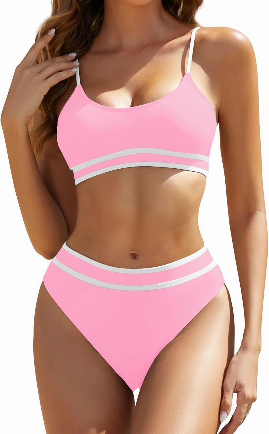 Women's High Waisted Bikini Sets Color Block Two Piece Swimsuit Scoop Neck Strap Crop Top Cheeky Bathing Suits