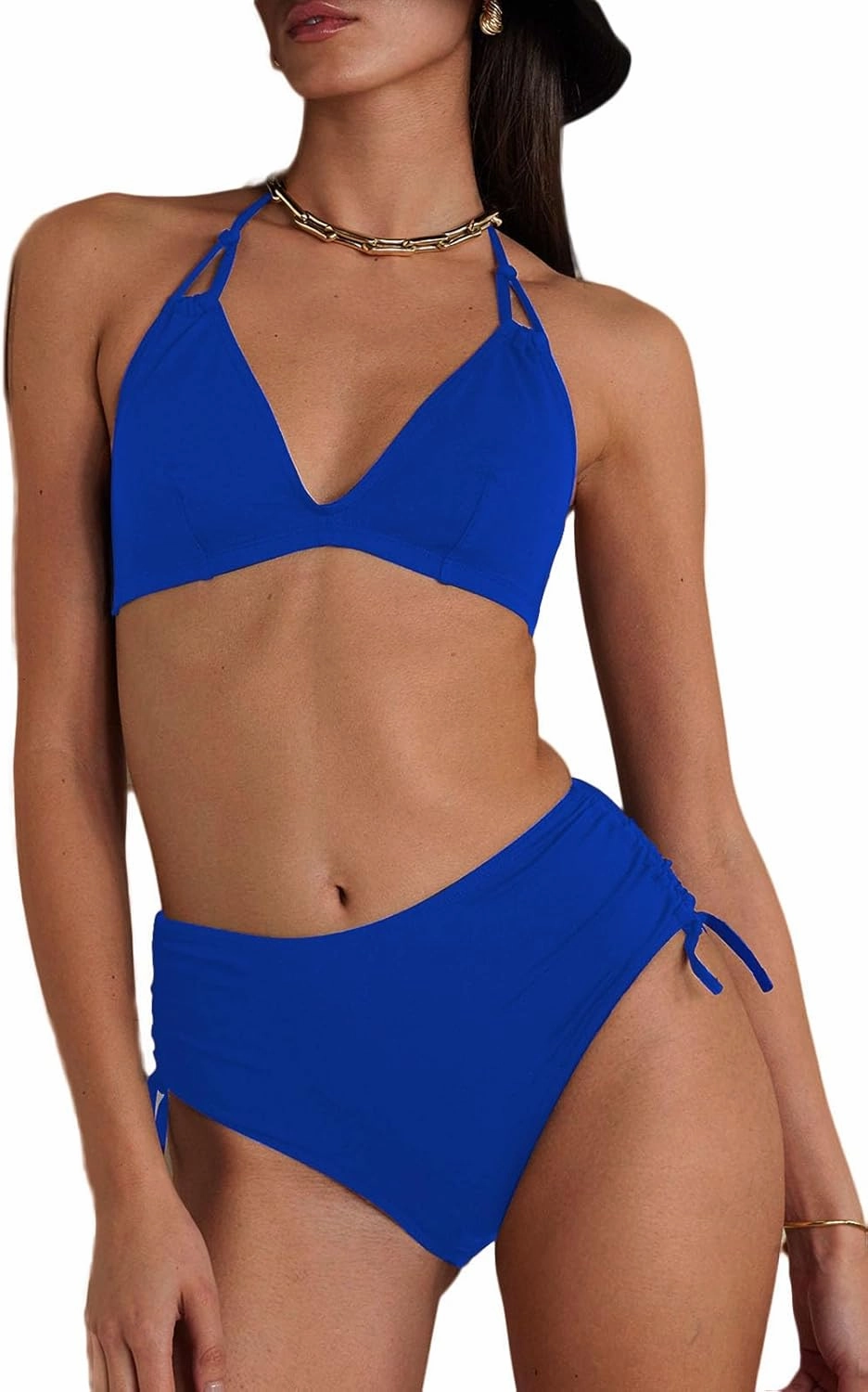 Women's High Waisted Bikini Sets Side Drawstring Adjustable Swimwear Halter Cheeky Two Piece Bathing Suit