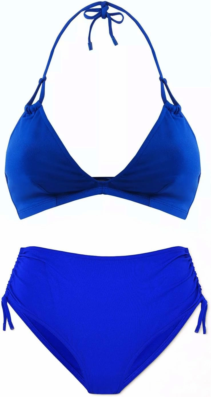 Women's High Waisted Bikini Sets Side Drawstring Adjustable Swimwear Halter Cheeky Two Piece Bathing Suit