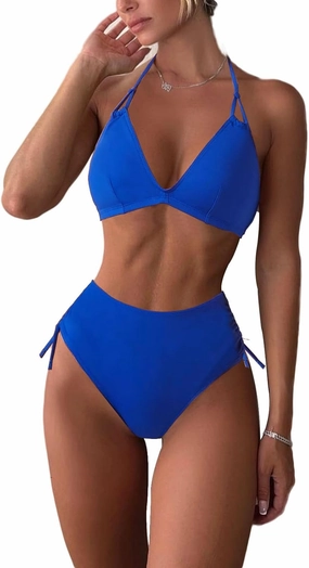 Women's High Waisted Bikini Sets Side Drawstring Adjustable Swimwear Halter Cheeky Two Piece Bathing Suit