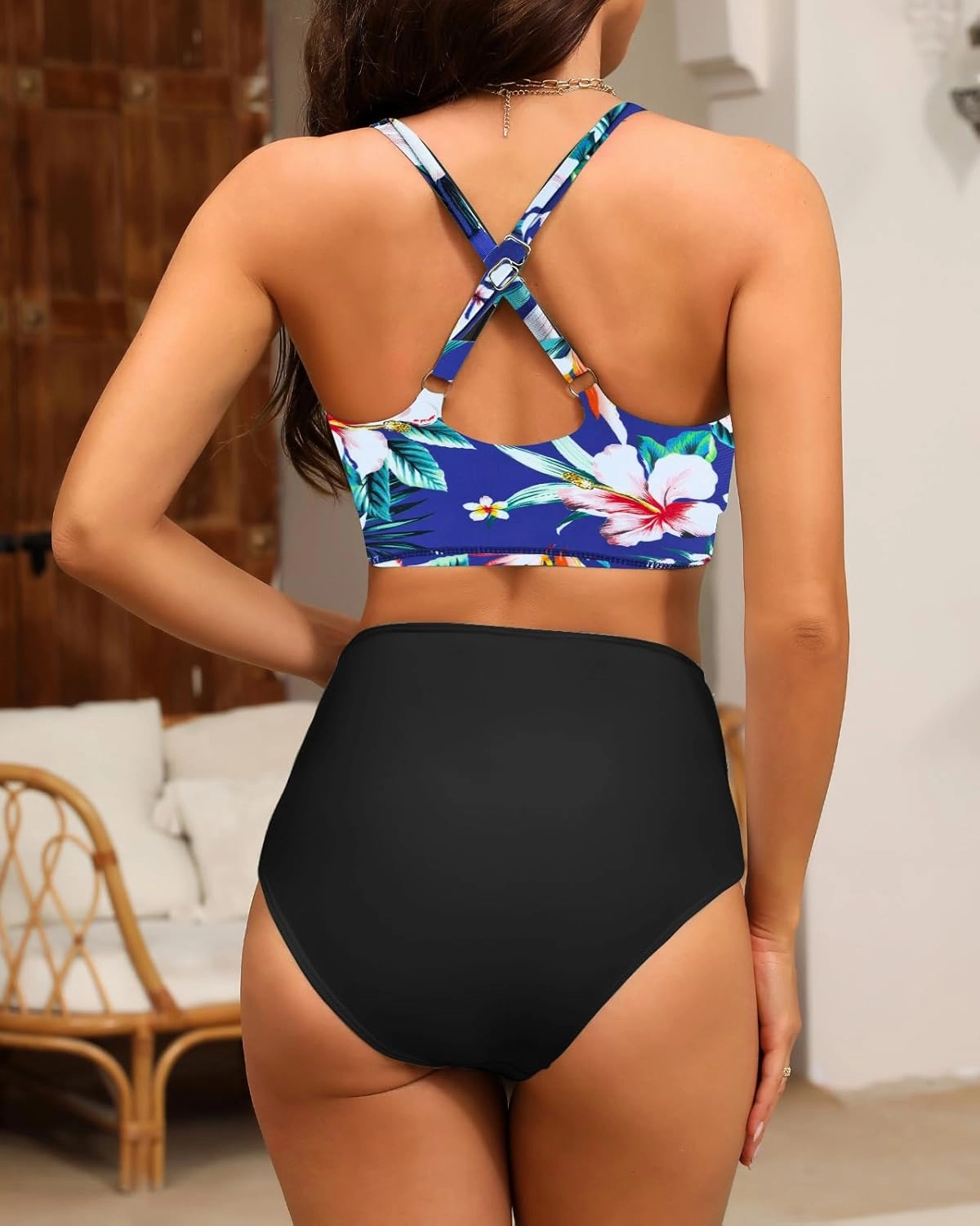 Women's High Waisted Bikini Sets Sporty Scoop Neck Cross Back Bathing Suit Two Piece Swimsuits for Women