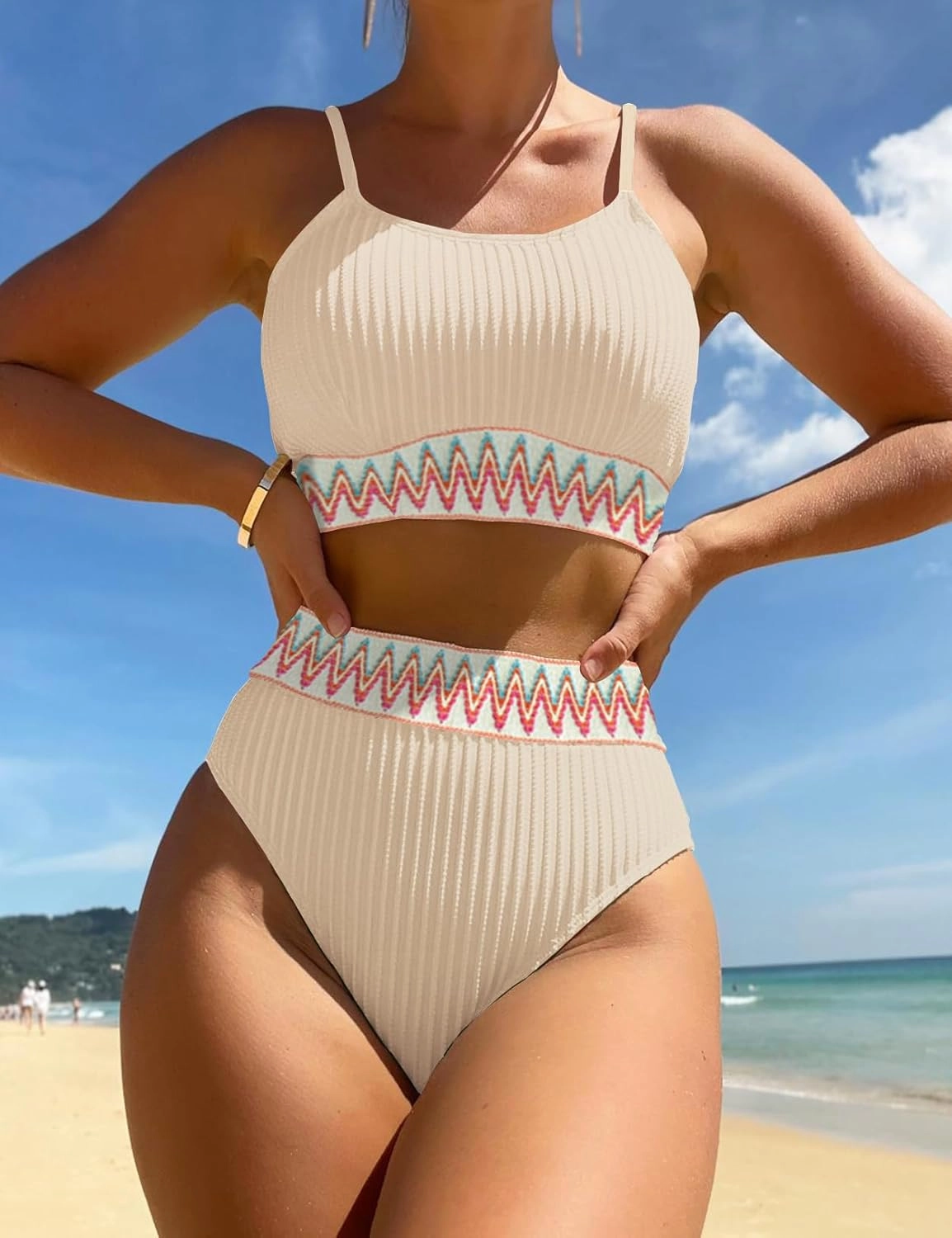 Women's High Waisted Swimsuit Two Piece Ribbed Bikini Sets Crop Top High Cut Cheeky Bathing Suits