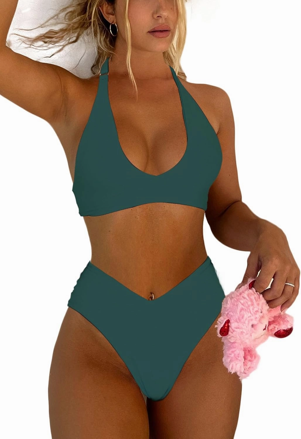 Women's Sexy High Leg Triangle Halter Bikini Set Padded Cup Bikini Cheeky Swimsuit V Cut Thong Bathing Suit