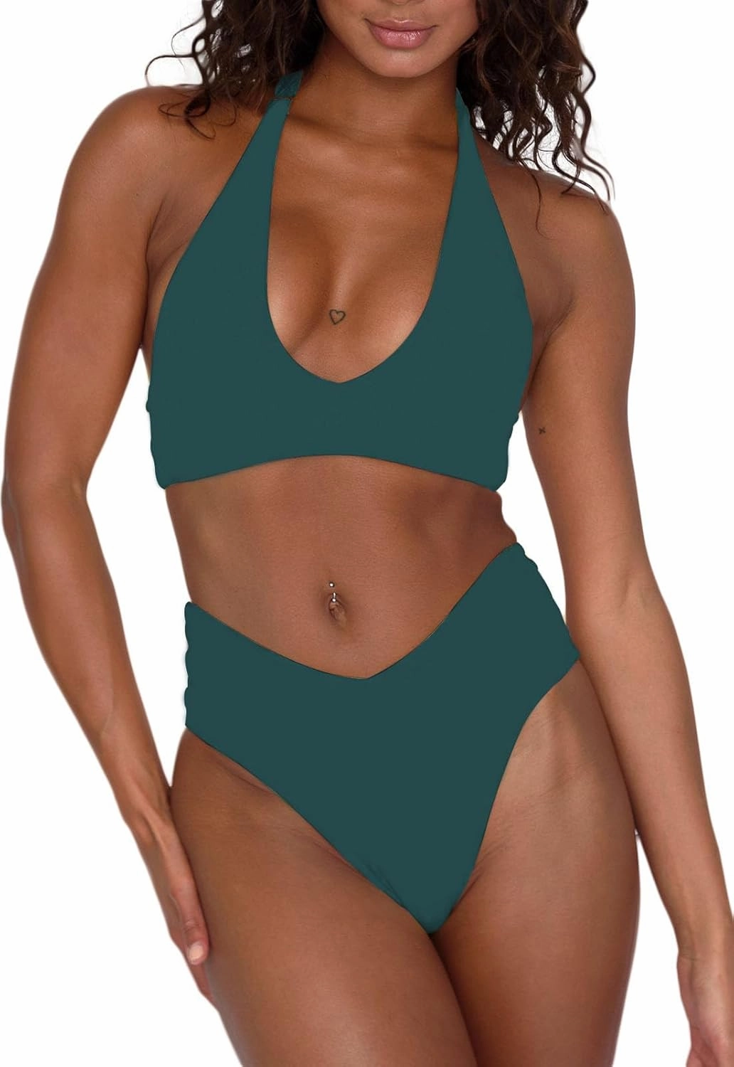 Women's Sexy High Leg Triangle Halter Bikini Set Padded Cup Bikini Cheeky Swimsuit V Cut Thong Bathing Suit