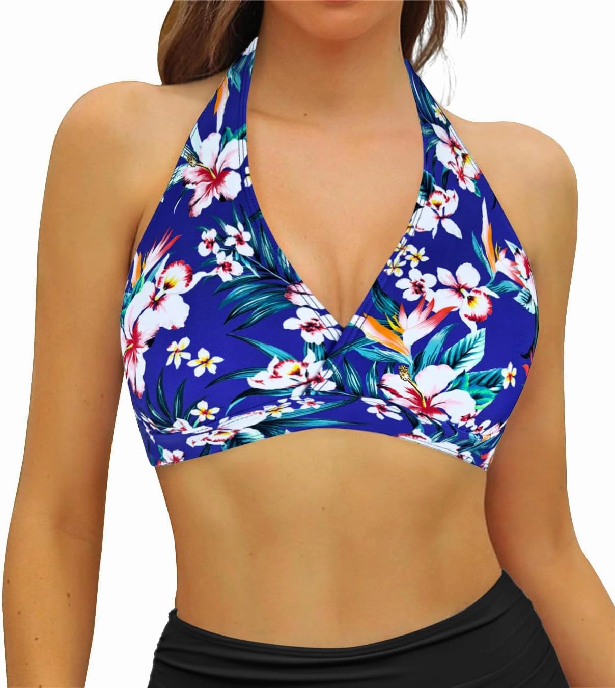 Women's Supportive Halter Bikini Padded Push Up Ruched Bust Hook Back Swimsuit Bathing Suit Tops Only