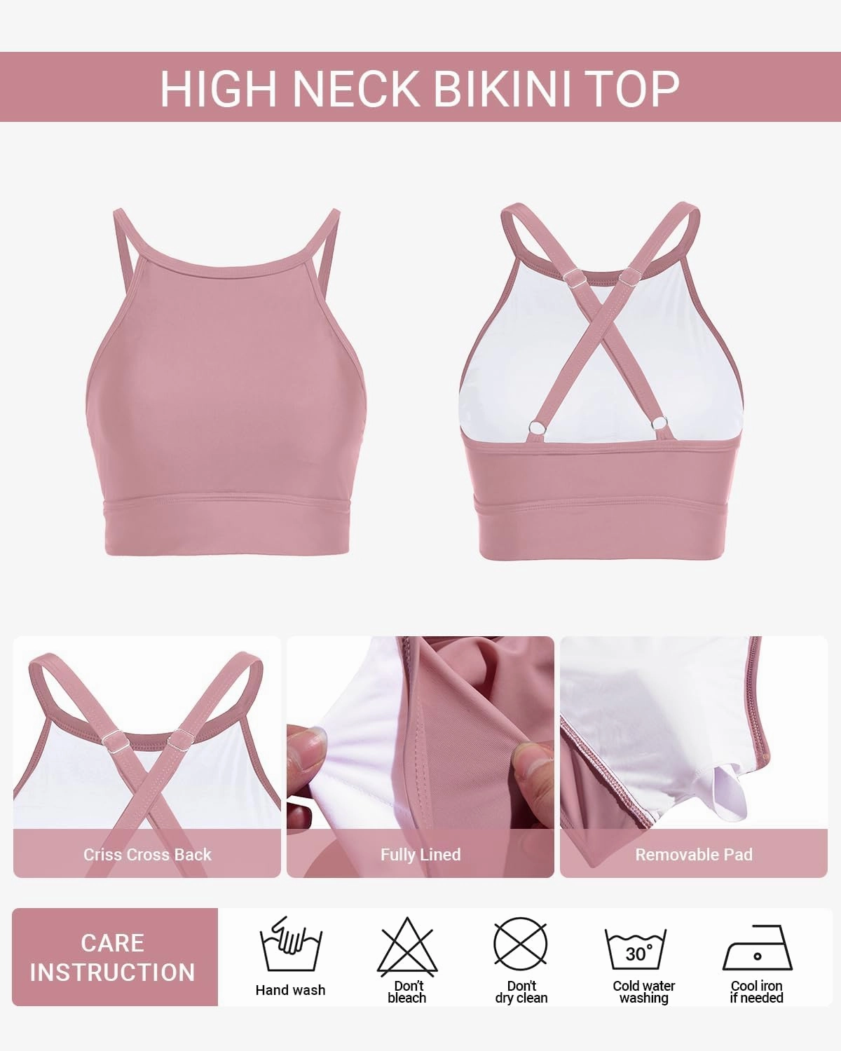 Women Swim Bikini Top - High Neck Modest Bathing Suit Top Swimwear