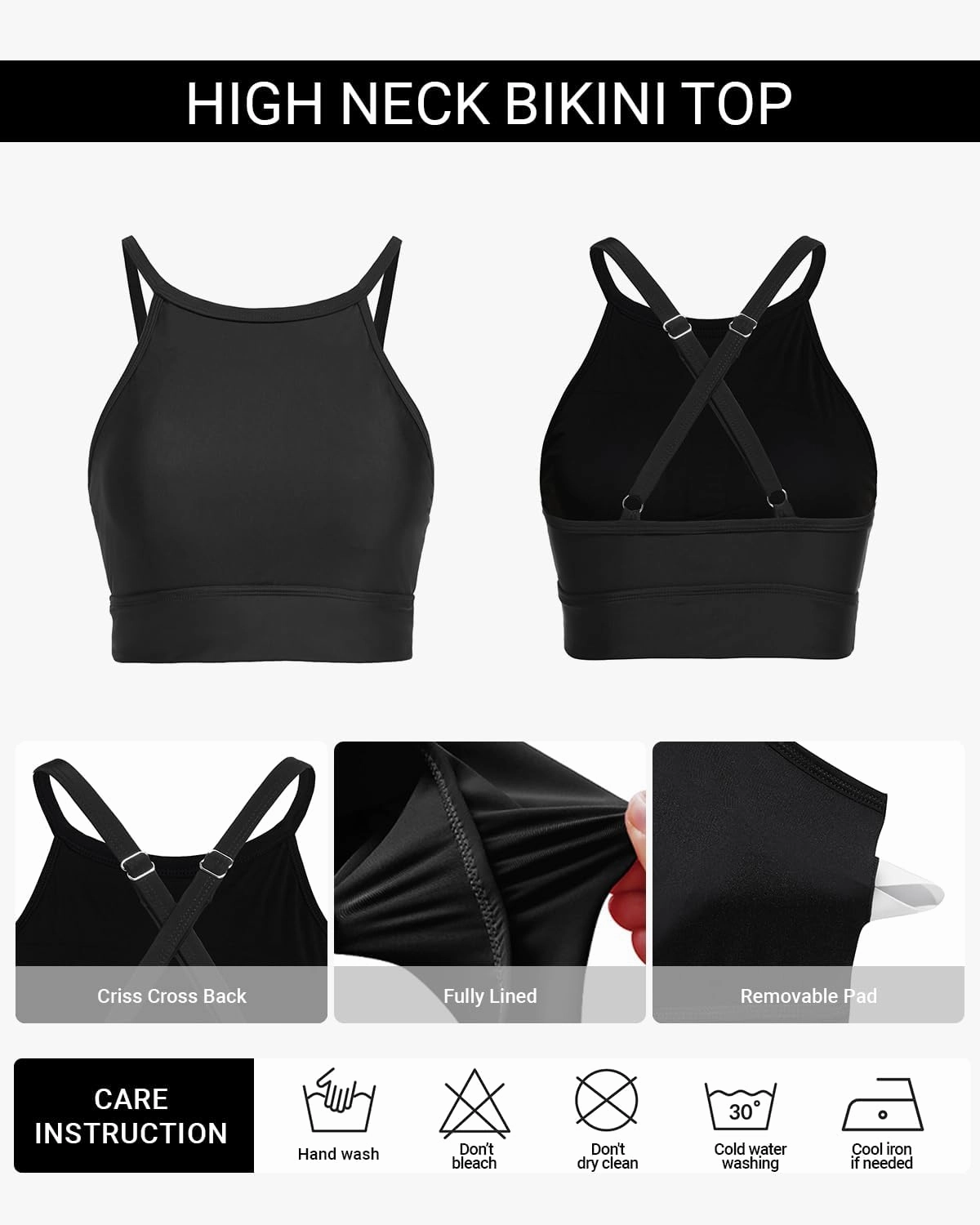 Women Swim Bikini Top - High Neck Modest Bathing Suit Top Swimwear