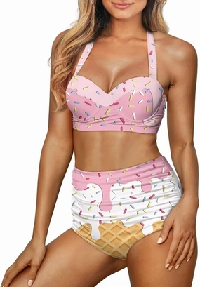 Women Two Piece Swimsuit High Waisted Push Up Bikini Sets Tummy Control Bathing Suit Plus Size Halter Swimwear S-2XL