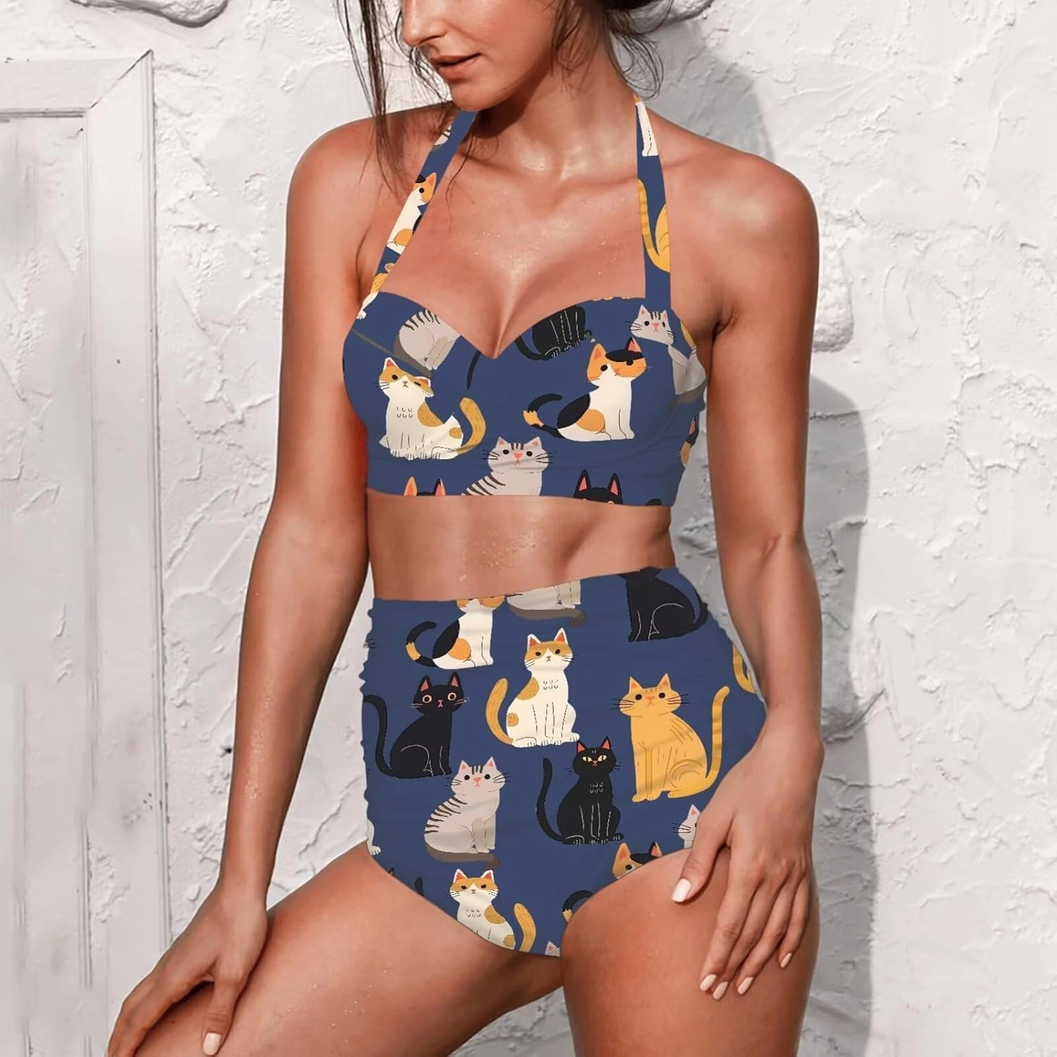Women Two Piece Swimsuit High Waisted Push Up Bikini Sets Tummy Control Bathing Suit Plus Size Halter Swimwear S-2XL