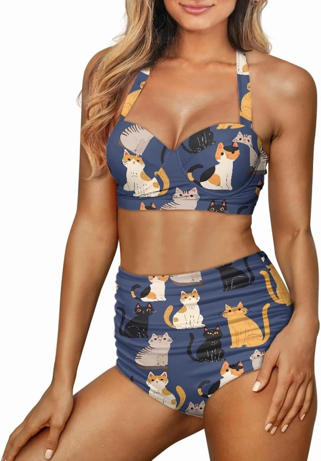Women Two Piece Swimsuit High Waisted Push Up Bikini Sets Tummy Control Bathing Suit Plus Size Halter Swimwear S-2XL
