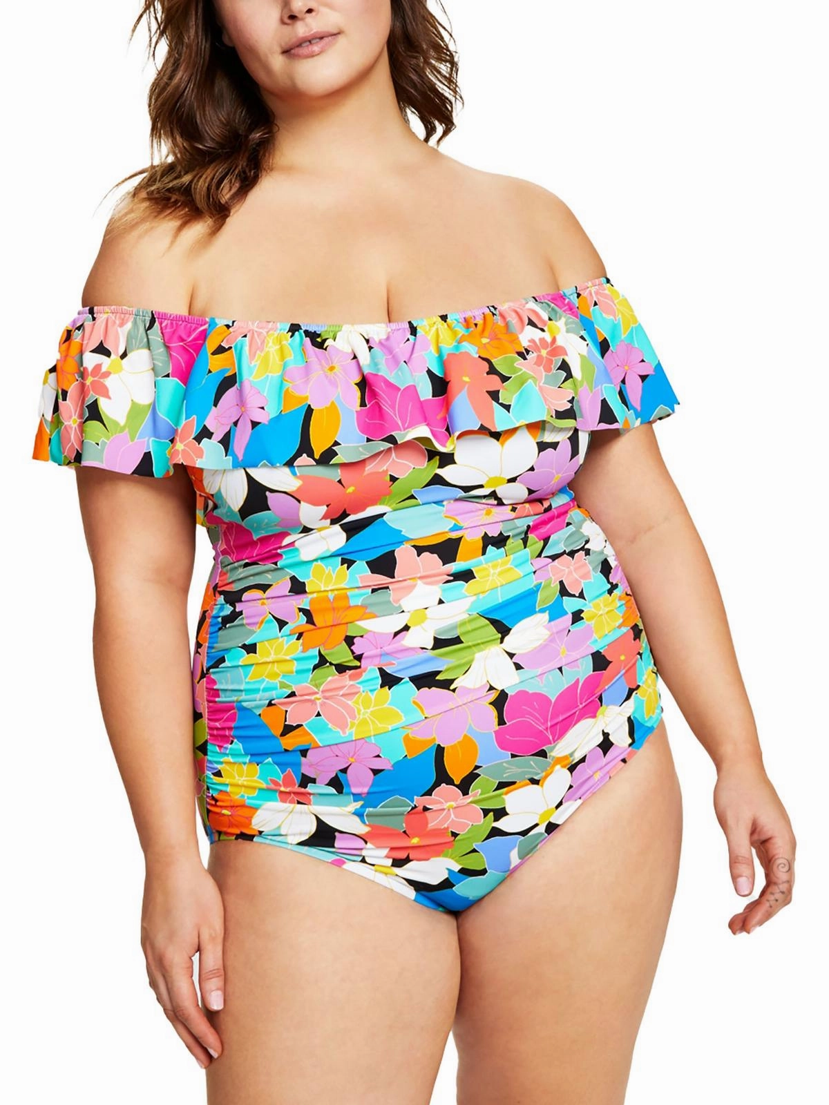 Womens Off-The-Shoulder Floral Print One-Piece Swimsuit