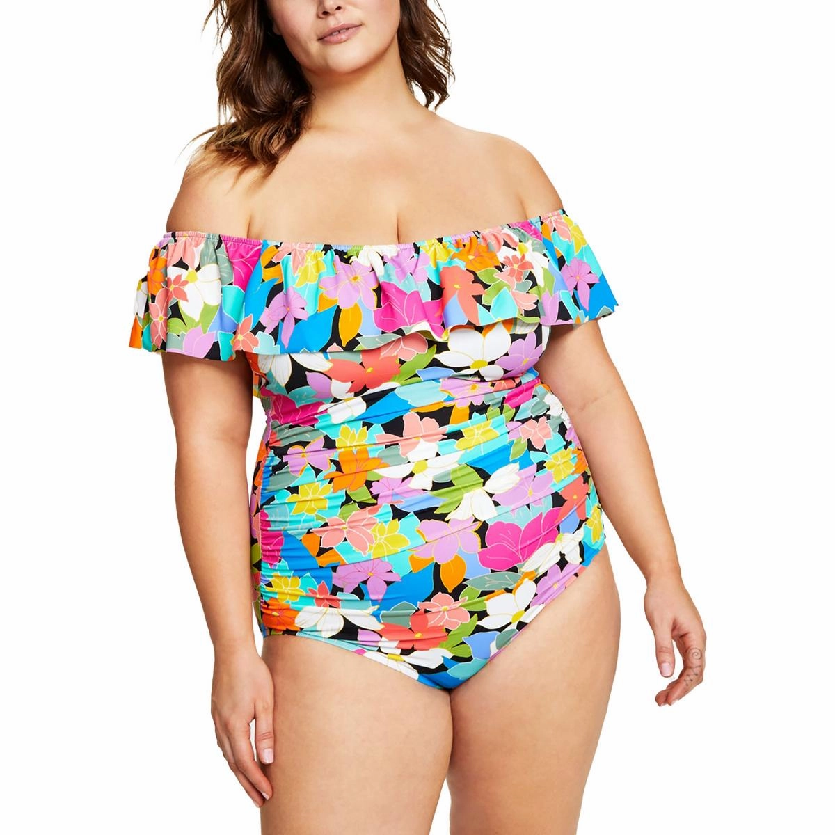 Womens Off-The-Shoulder Floral Print One-Piece Swimsuit