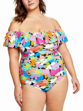 Womens Off-The-Shoulder Floral Print One-Piece Swimsuit