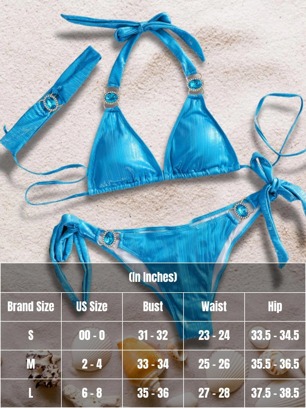 Womens Sexy Triangle Metallic Bikini Set, Crystal Rhinestone Headband Halter Swimsuit, Cheeky Tie Ruched Bathing Suit