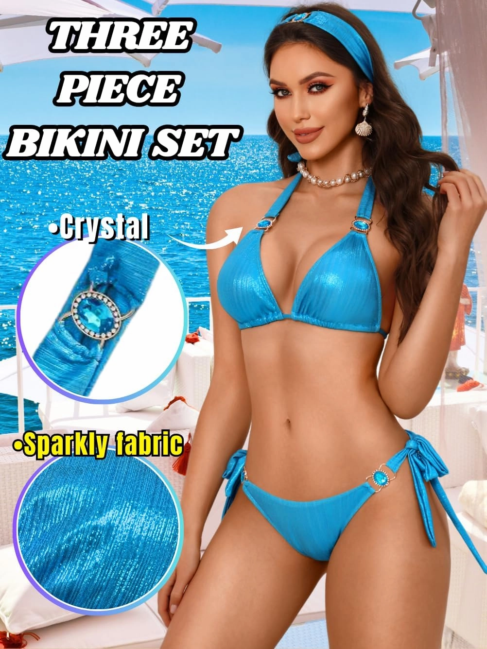 Womens Sexy Triangle Metallic Bikini Set, Crystal Rhinestone Headband Halter Swimsuit, Cheeky Tie Ruched Bathing Suit